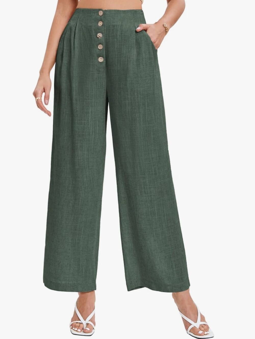 Linen Pant Women Wide Leg Elastic High Waist Button Solid Casual